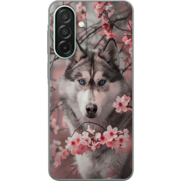 Kompatibelt Mobilskal till Samsung Galaxy A26 Sibirisk Husky affisch hund blå ögon körsbärsblommor varg natur djur blommor söt retro design