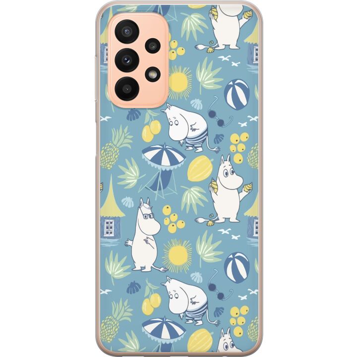 Kompatibelt Mobilskal till Samsung Galaxy A23 5G Strandtema med frukter, parasoller, sommarhus och glada figurer i färgglatt mönster fyllt av lekfull