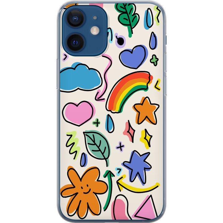 Kompatibelt Mobilskal till Apple iPhone 12 mini Doodle-illustration med stjärnor, hjärtan, regnbåge, moln, löv och pilar perfekt för dig som gillar l