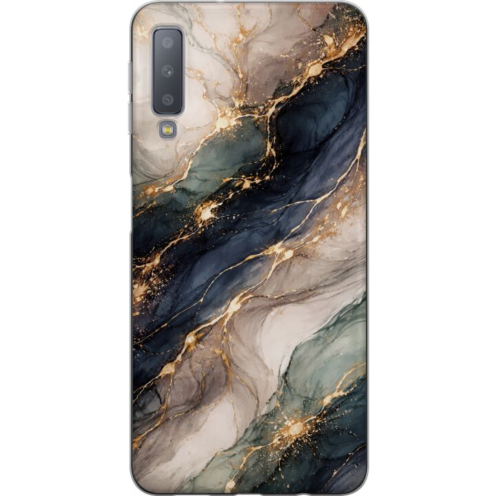 Kompatibelt Mobilskal till Samsung Galaxy A7 (2018) Lyxig abstrakt marmorkonst i svart, vitt och guld med eleganta linjer, exklusiv design för poste