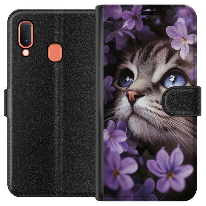 Kompatibelt Plånboksfodral till Samsung Galaxy A20e Kat och blommor