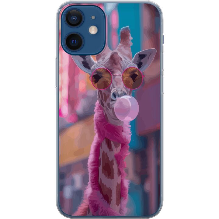 Kompatibelt Mobildeksel til Apple iPhone 12 mini Giraff med tyggegummi, morsomt fargerik design i bymiljø, popkunststil med lekende energi, humor og
