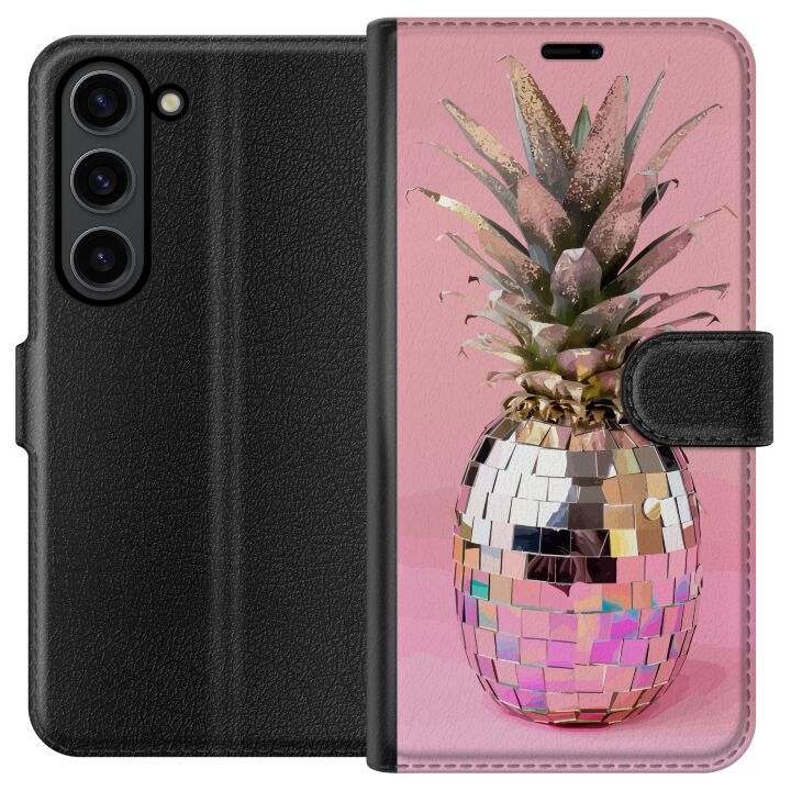 Kompatibelt Plånboksfodral till Samsung Galaxy S24 Disco Pineapple ananas i spegelmosaik pop art rosa bakgrund glittrande tropisk design