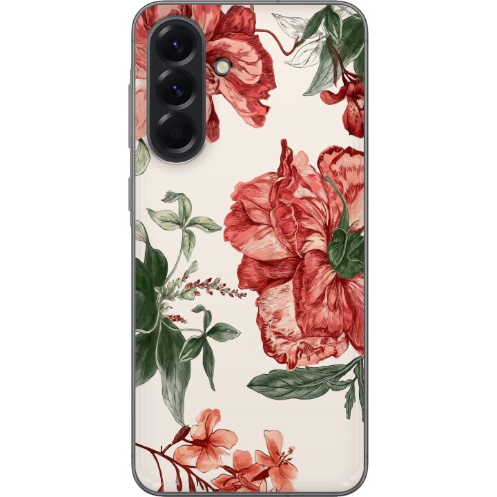 Kompatibelt Mobilskal till Samsung Galaxy A56 Röda blommor botaniskt motiv med gröna blad elegant stil för dig som gillar naturens färger