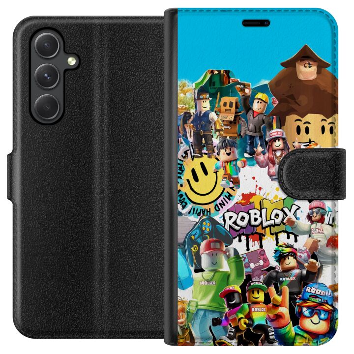 Kompatibelt Plånboksfodral till Samsung Galaxy A15 5G Roblox Party färgglatt motiv med spelkaraktärer och gamingenergi för alla fans