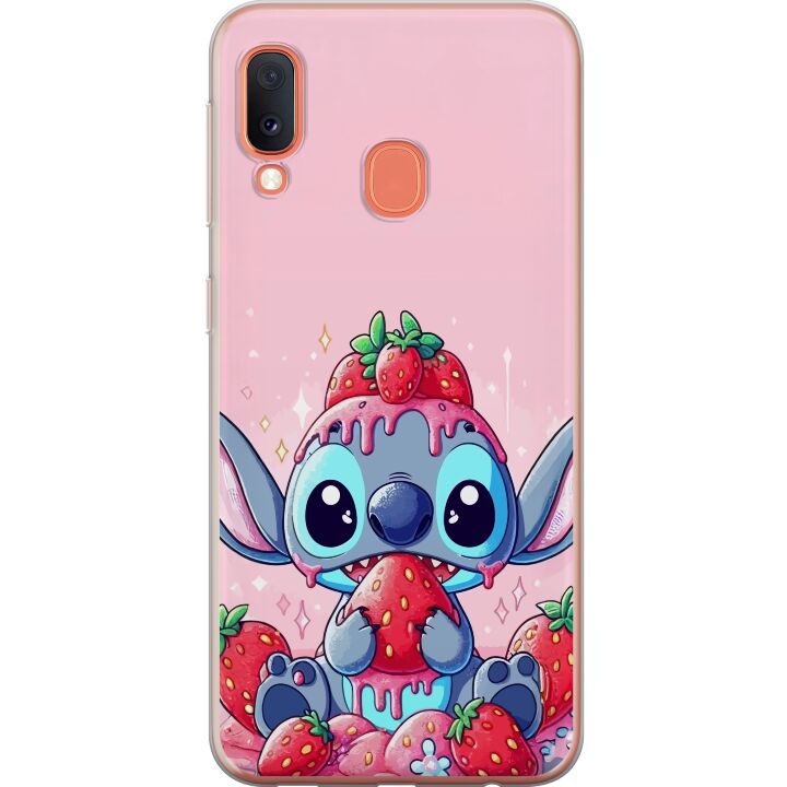 Kompatibelt Mobilskal till Samsung Galaxy A20e Stitch Jordgubbe Kärlek sött motiv med blå figur och jordgubbar i rosa pastelltema