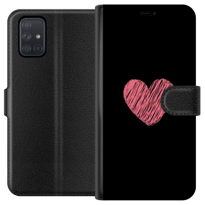 Kompatibelt Plånboksfodral till Samsung Galaxy A71 Handritad Rosa Hjärta på Svart Minimalistisk Bakgrund