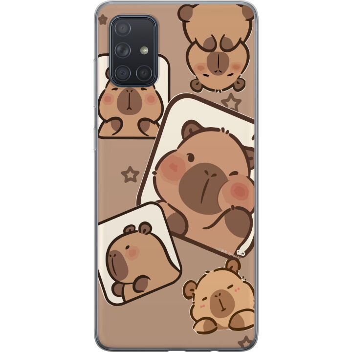 Kompatibelt Mobilskal till Samsung Galaxy A71 Capybara Ram Vänner Lekfull design med småa capyboror i rutor med stjärnor och beige bakgrund.