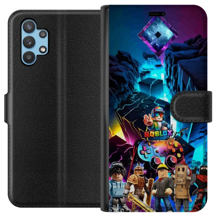 Kompatibelt Plånboksfodral till Samsung Galaxy A32 5G Roblox futuristisk neonvärld med spelkontroller, karaktärer och ljuseffekter - perfekt för alla