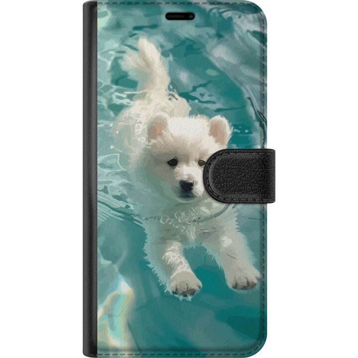 Kompatibelt Plånboksfodral till Samsung Galaxy A26 Hundvalp i Vatten Vit Hund Simbassäng Blå Turkos Sommartema Söt Djur Illustration Design Konst