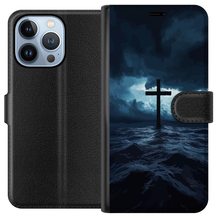 Kompatibelt Plånboksfodral till Apple iPhone 13 Pro Kors i stormigt hav dramatisk kristen tavla med kors och vågor religiöst motiv ocean himmel faith