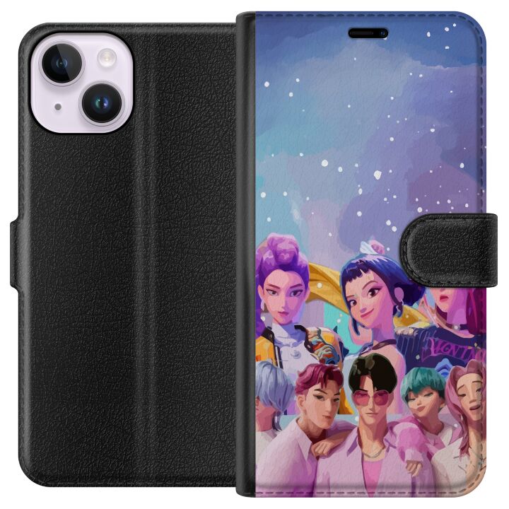 Kompatibelt Plånboksfodral till Apple iPhone 14 HuntrX Collab motiv med färgstarka KPop-karaktärer i modern futuristisk stil med glittrande detaljer