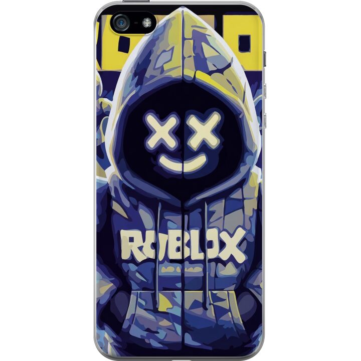 Kompatibelt Mobilskal till Apple iPhone 5 Blå-gul Roblox-inspirerad huvtröjekaraktär med mask och minimalistisk neonstil, stilren spelillustration fö
