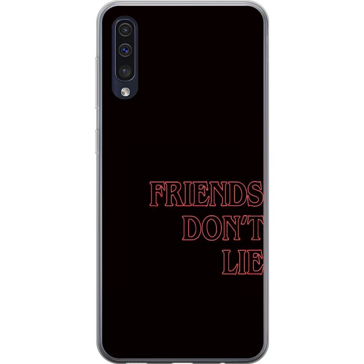 Kompatibelt Mobilskal till Samsung Galaxy A50 Stranger Things Vänner Ljuger Inte - en neonröd textdesign med en populär citat från serien