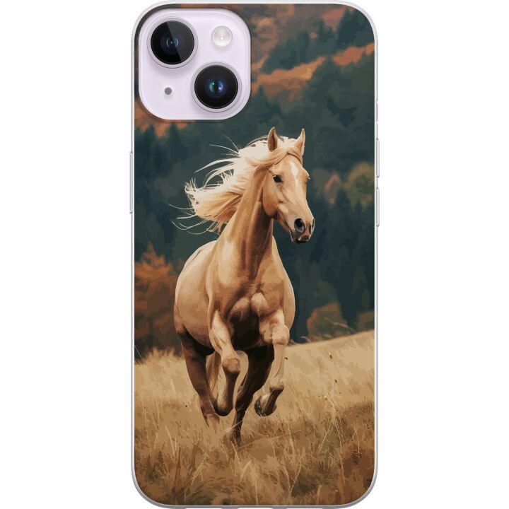 Kompatibelt Mobilskal till Apple iPhone 14 Plus Elegant häst som springer över höstfält med vackra färger och naturkänsla kraftfull detaljrik illustr