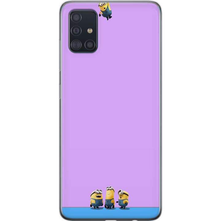 Kompatibelt Mobilskal till Samsung Galaxy A51 Illustration av Minions med lila och blå bakgrund, humoristiskt filmtema för fans av roliga karaktärer