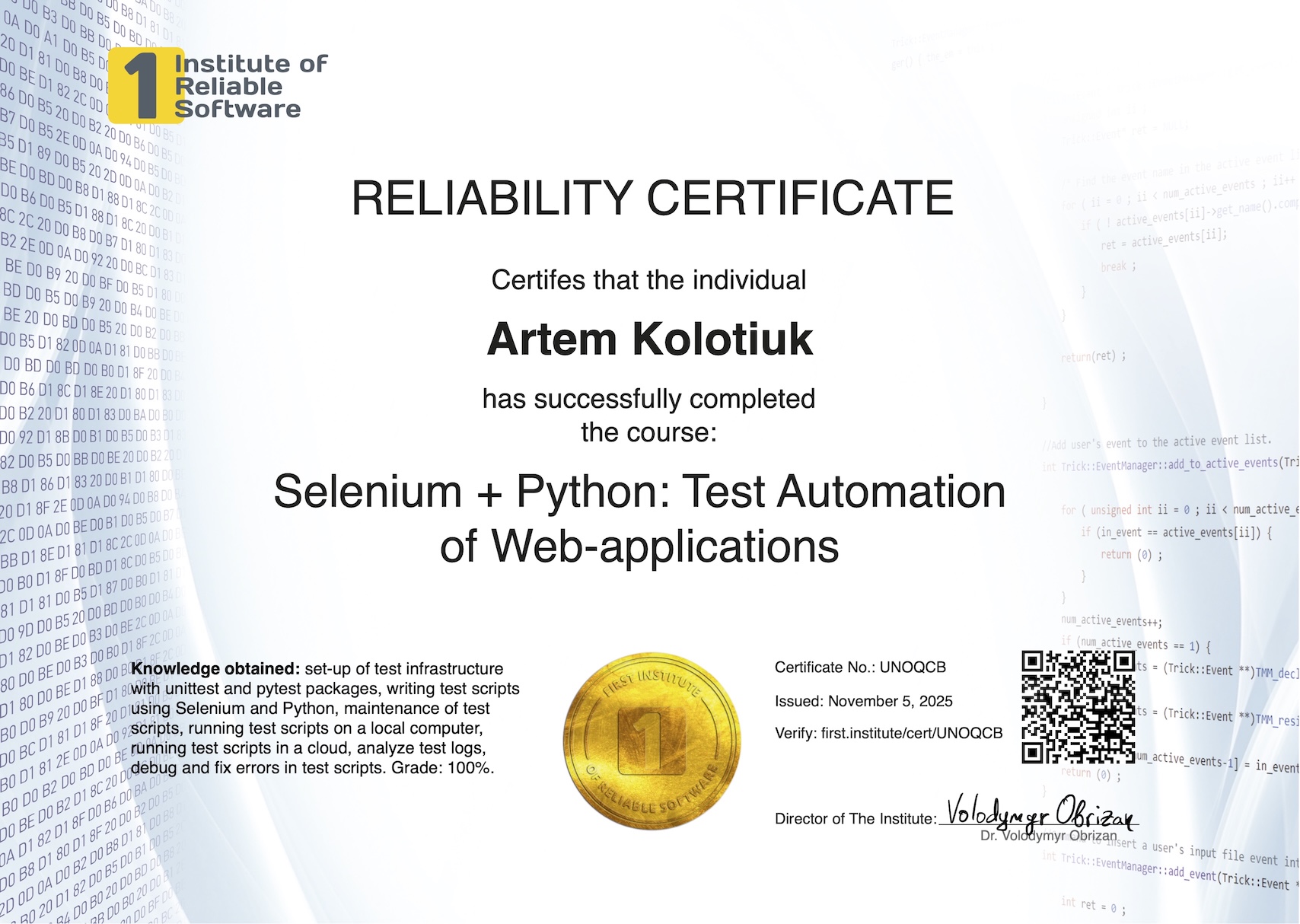 Certificate of Artem Kolotiuk for course Selenium + Python: Test Automation of Web-applications