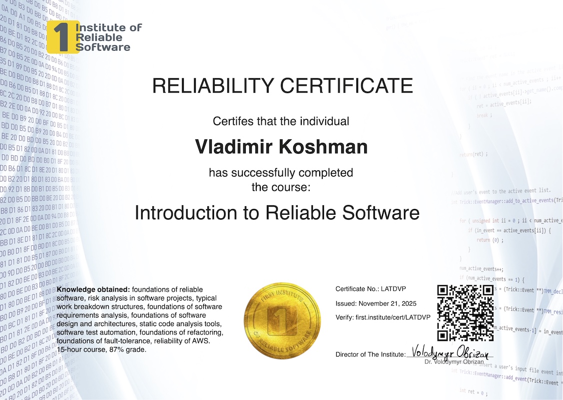 Certificate of Vladimir Koshman for course Introduction to Reliable Software