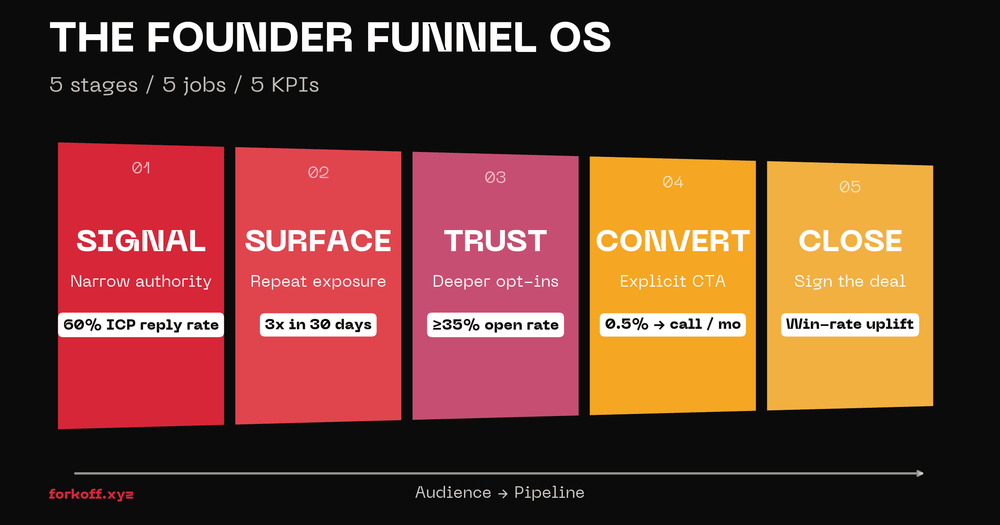 Horizontal funnel diagram of the five Founder Funnel OS stages on dark background in FORKOFF red.