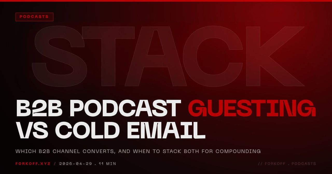 FORKOFF cover for B2B podcast guesting vs cold email 2026 article. Brand red gradient over PP Neue Machina type.