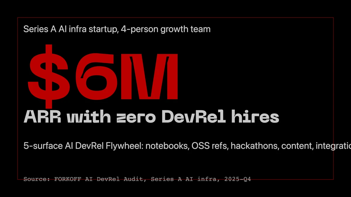 $6M ARR with zero DevRel hires at a Series A AI infra startup. 5-surface AI DevRel Flywheel replaces the API-DevRel playbook.