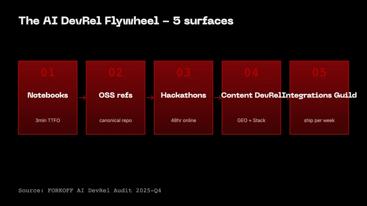 The AI DevRel Flywheel: 5 surfaces (notebooks, OSS refs, hackathons, content DevRel, integrations guild) compounding around the Developer Love hub.