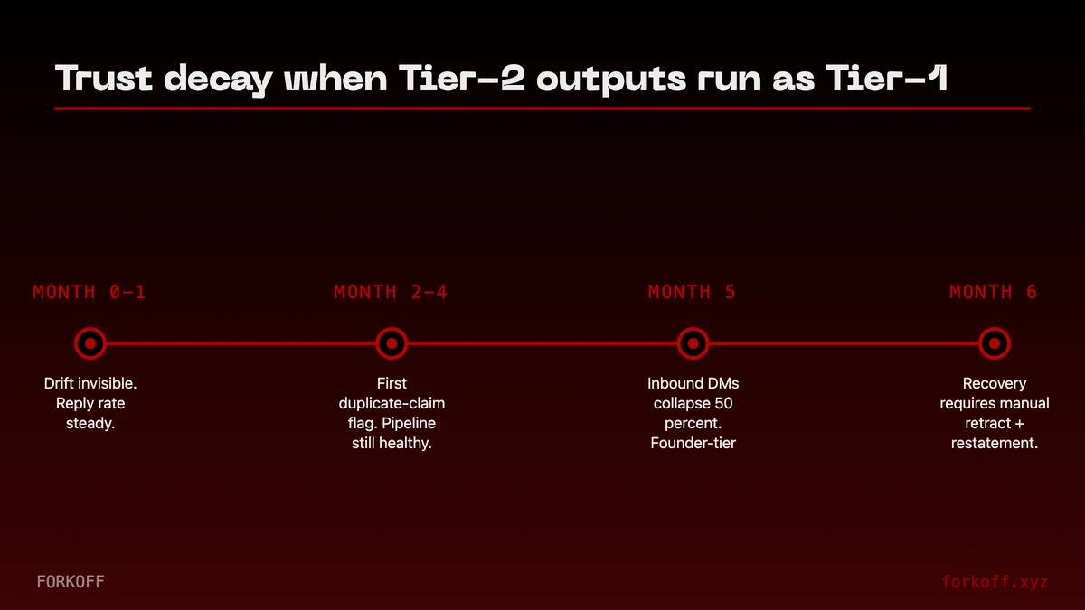 Trust decay flow, 5 months of Tier-2 outputs treated as Tier-1: month 0-1 drift invisible, month 2-4 drift compounds, month 5 voice reads as AI, month 6 one Tier-3 miss collapses trust, month 7-24 recovery is 12-18mo