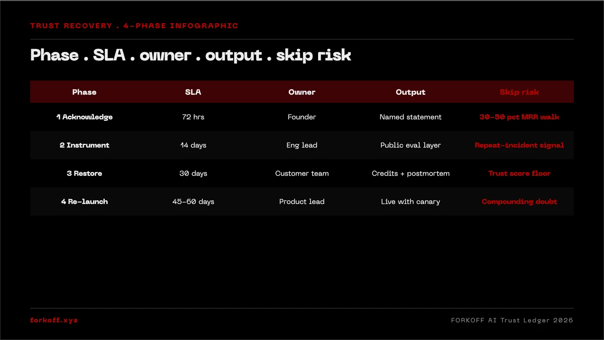 AI trust recovery 4-phase breakdown matrix: Acknowledge, Instrument, Restore, Re-launch by SLA, owner, output, skip risk, and regret. HN-frontpage incident benchmarks.