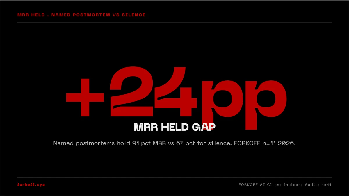 +24pp mrr held gap, named postmortem vs silence. FORKOFF AI-Client Incident Audits . n=11 . 2026.