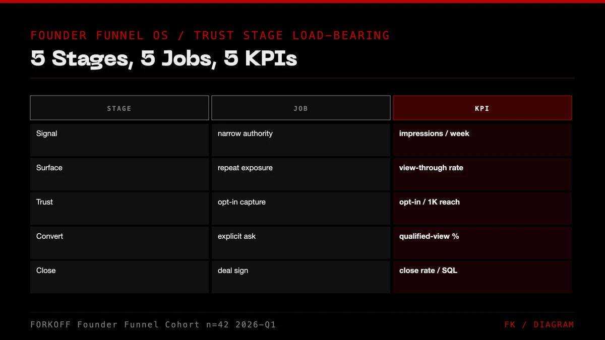 Founder Funnel OS stage breakdown across 5 stages: Signal, Surface, Trust, Convert, Close. Trust column highlighted FK_RED as the load-bearing stage where most founder funnels leak.