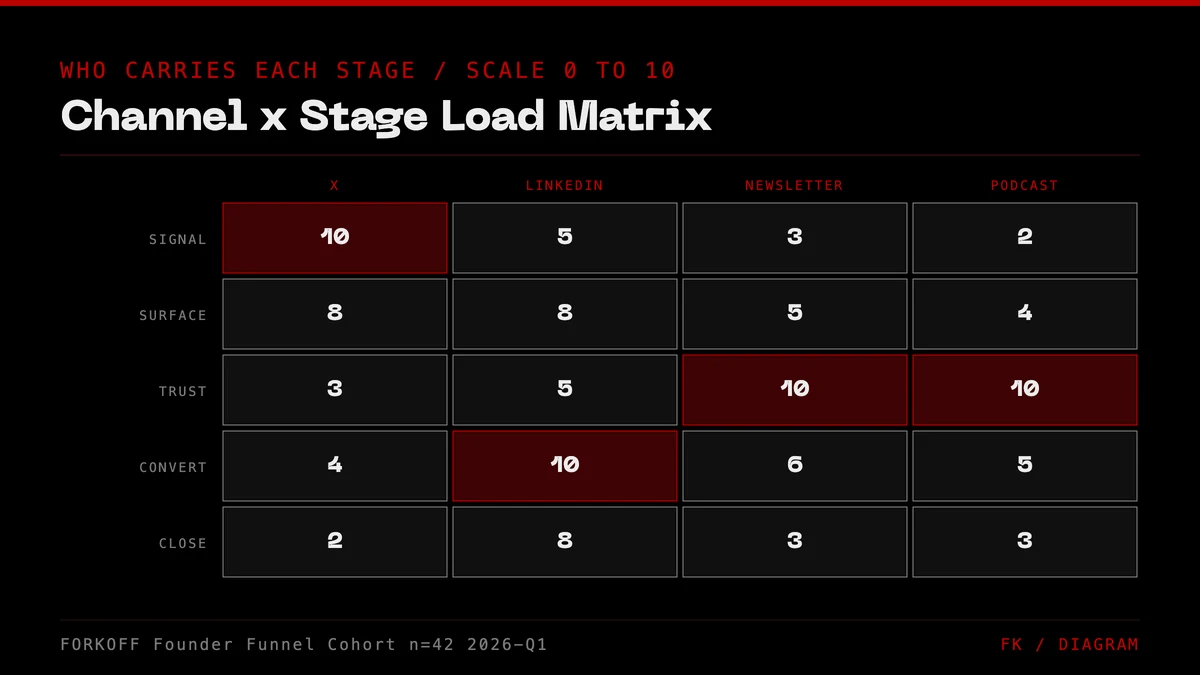 Channel x stage weighted-load matrix. X owns Signal at 10. LinkedIn carries Convert at 10 with the top total 7.2. Newsletter and Podcast carry Trust at 10. FORKOFF founder funnel cohort n=42.