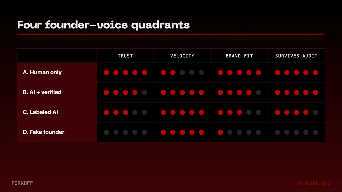 Four founder-voice quadrants breakdown: A human-only, B AI-drafted-verified, C labeled-AI, D fake-founder by volume, quality, disclosure, trust signal, and 12-month health.