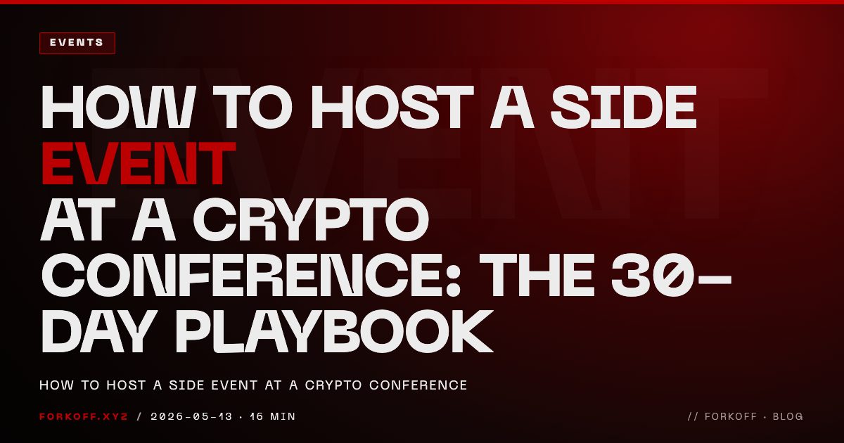 FORKOFF events cover laying out the 30-day T-minus-30 playbook to host a crypto conference side event across 5 operating lanes, ghost T-30 watermark and red EVENT accent.