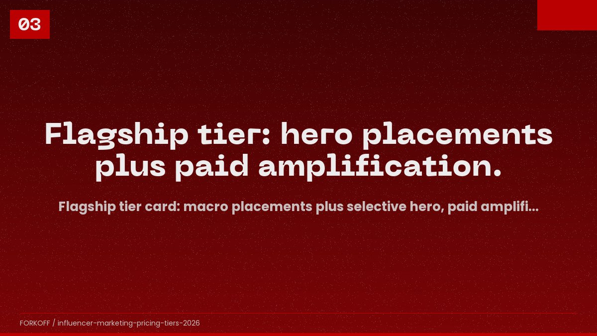 Flagship tier card: macro placements plus selective hero, paid amplification, 8-week pipeline