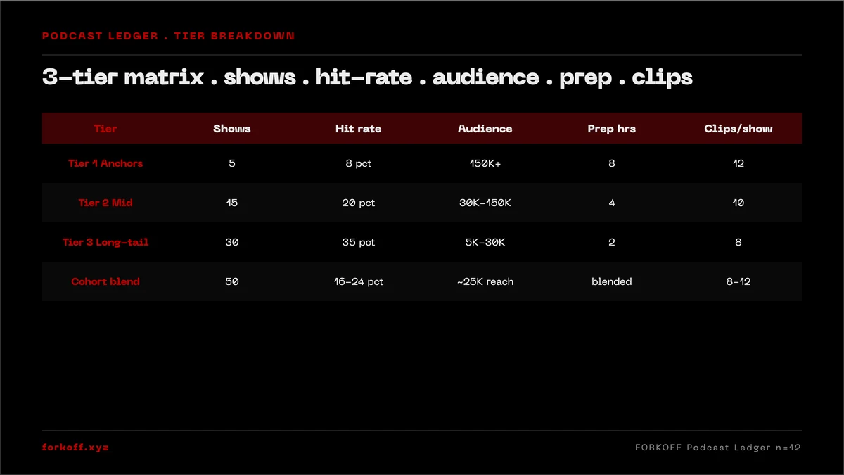 FORKOFF Podcast Ledger 2026-Q1, n=12 founder cohorts. 3-tier matrix (Anchors / Mid / Long-tail) by Shows / Hit-rate / Audience / Prep / Clips. 90-day total: 50 shows, 16-24% booking rate, ~25K reach.