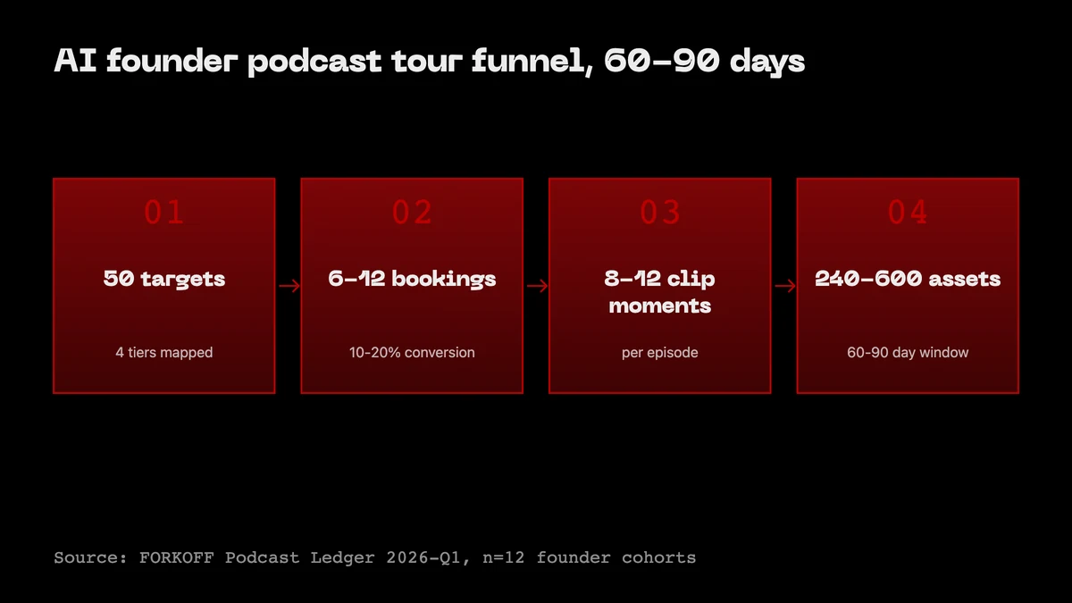 Funnel diagram: 50 mapped podcast targets across 4 tiers compress into 6-12 bookings, 8-12 clip moments per episode, 240-600 distribution assets over 60-90 days.