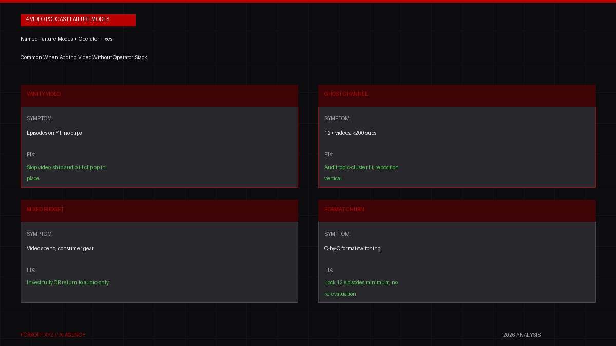 Four named failure modes for video podcast launches without operator stack, FORKOFF 2026 visual breakdown