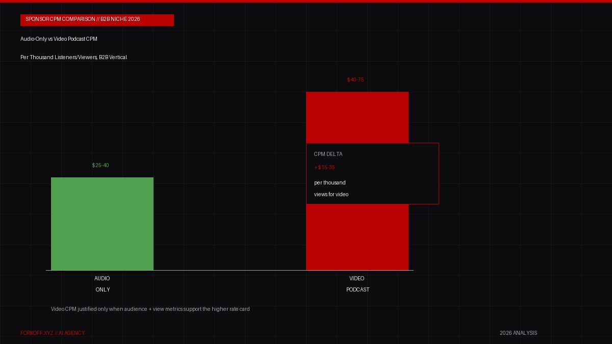 Sponsor CPM comparison bar chart, audio-only $25-40 versus video podcast $40-75 per thousand, B2B niche 2026