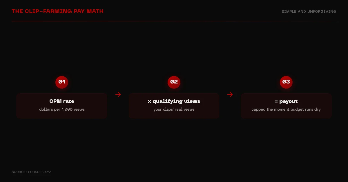Clip farming pay math: CPM rate times qualifying views, capped by campaign budget
