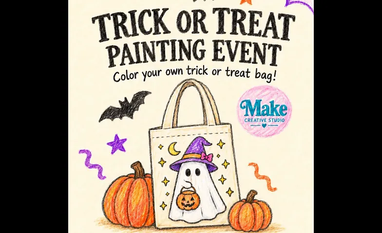 Halloweeen Paint Your Trick Or Treat Bag event for kids.
