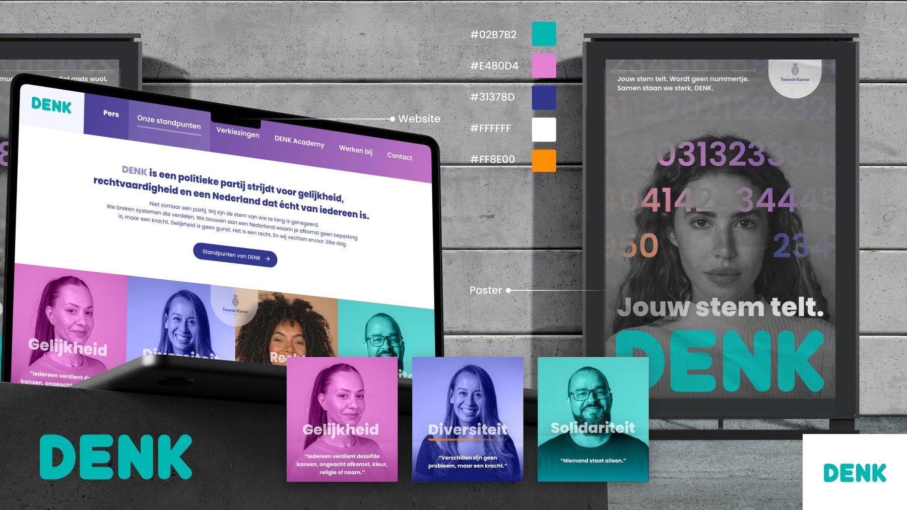 DENK brand application mockup, laptop, poster en social cards