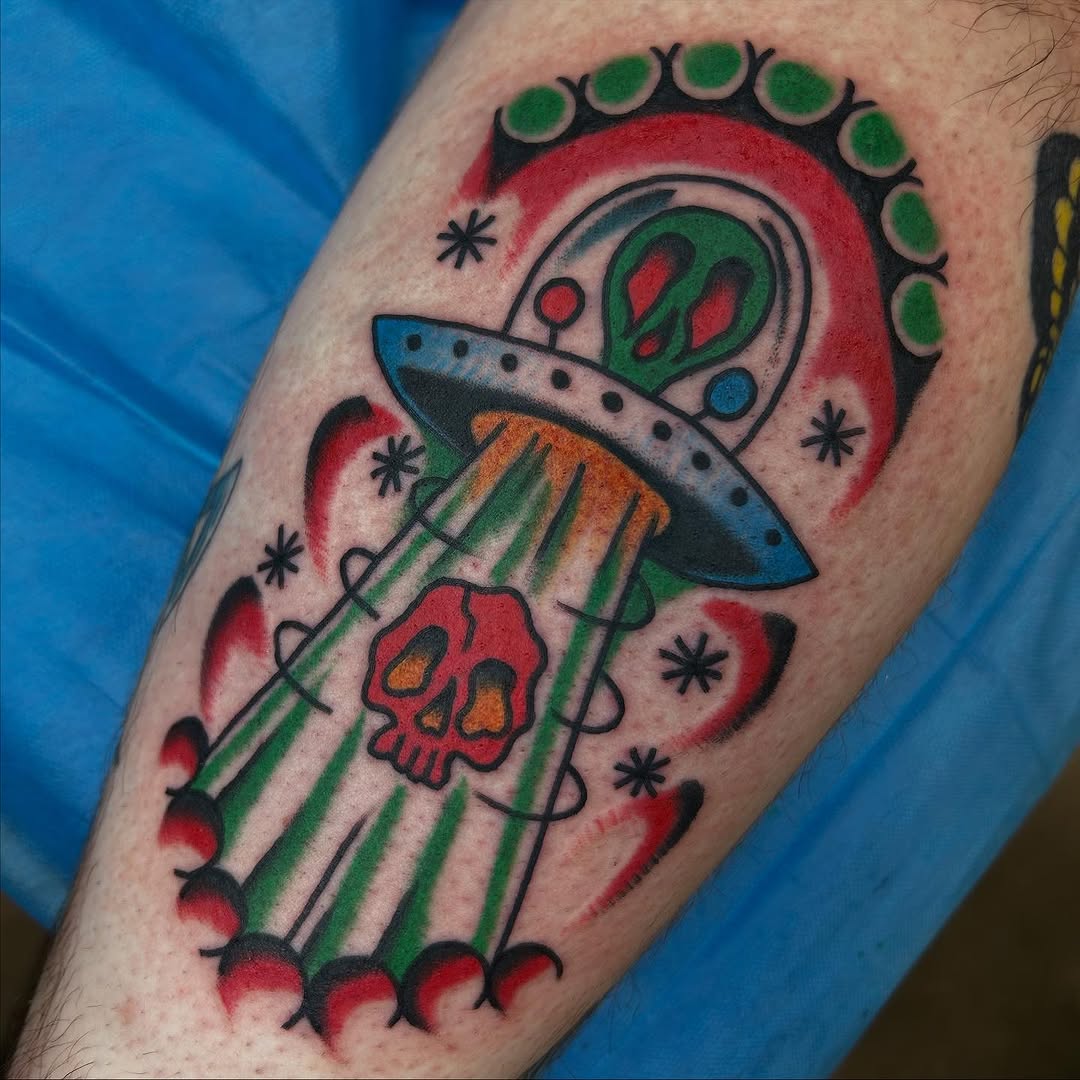 Bold neon UFO beams skull with retro cartoon flair