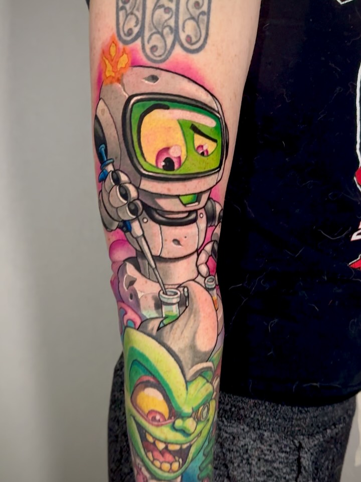 Vibrant cartoon robot and goblin with bold color blocking