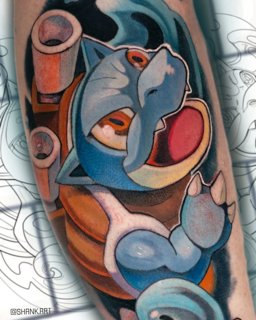 Vivid neo-traditional Blastoise with bold outlines and shading