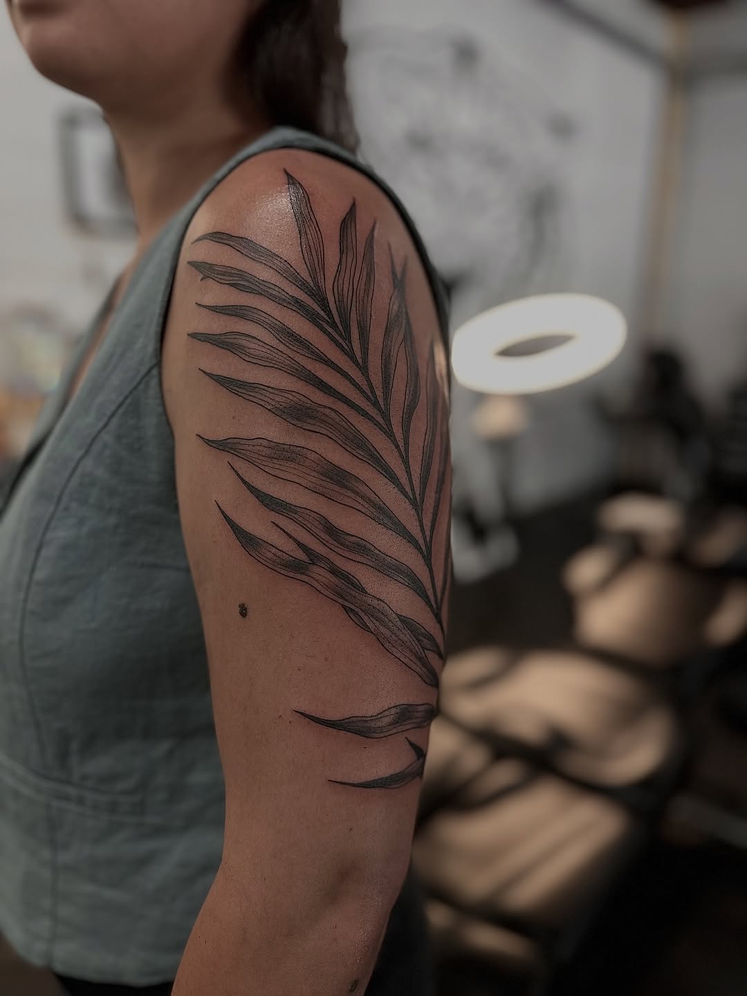Elegant black palm-frond branch tattoo along the upper arm