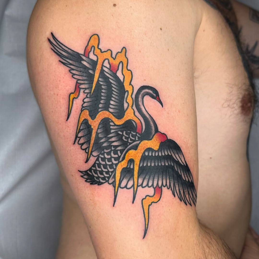 Bold traditional crane in flight with molten orange flame