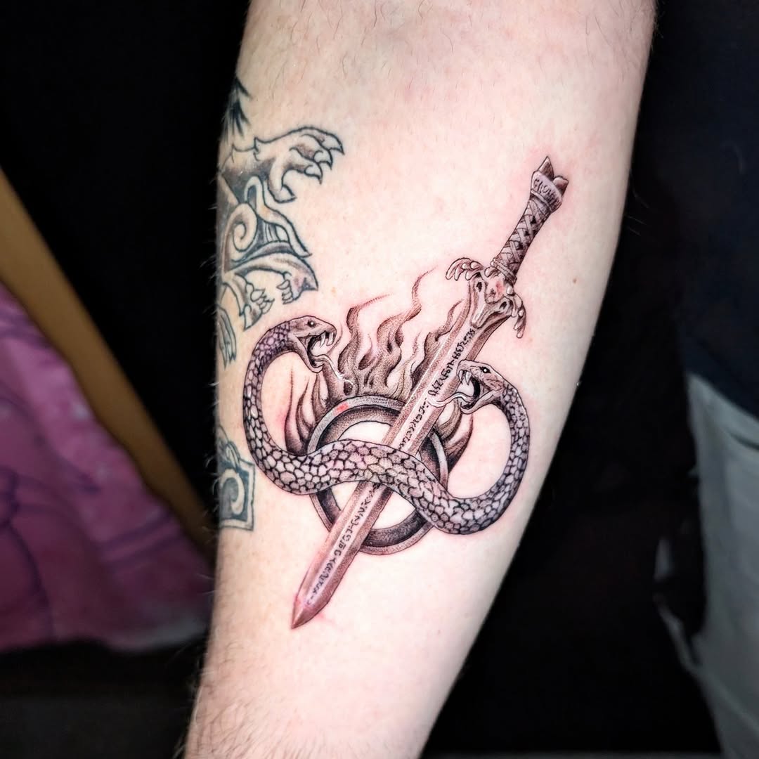 Gothic blackwork dagger pierced by fiery, writhing serpents