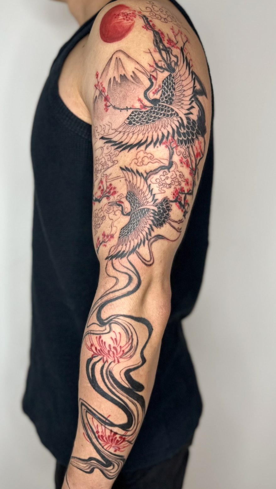 Japanese crane sleeve with Mt. Fuji and cherry blossoms
