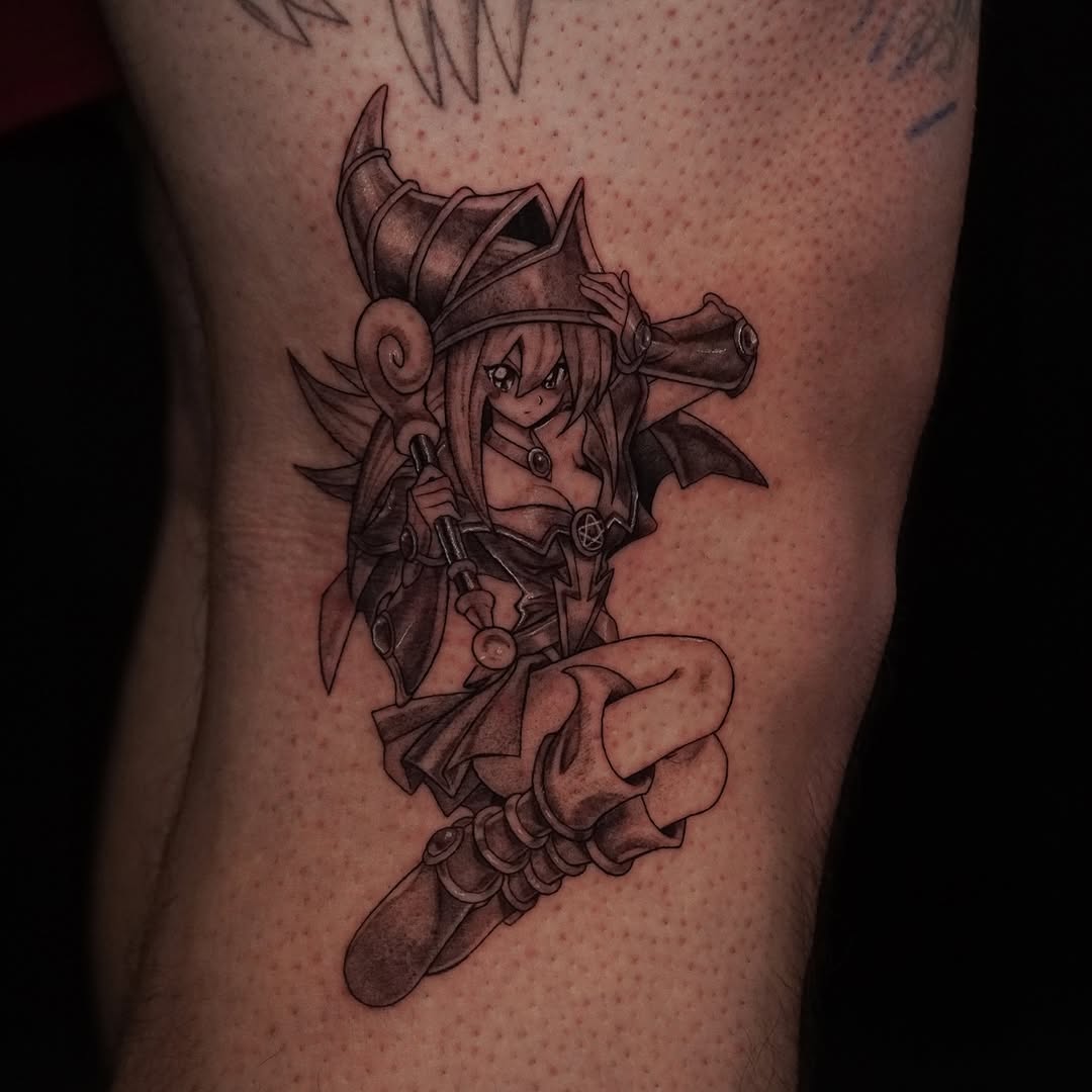Chibi Dark Magician Girl with staff, monochrome shading