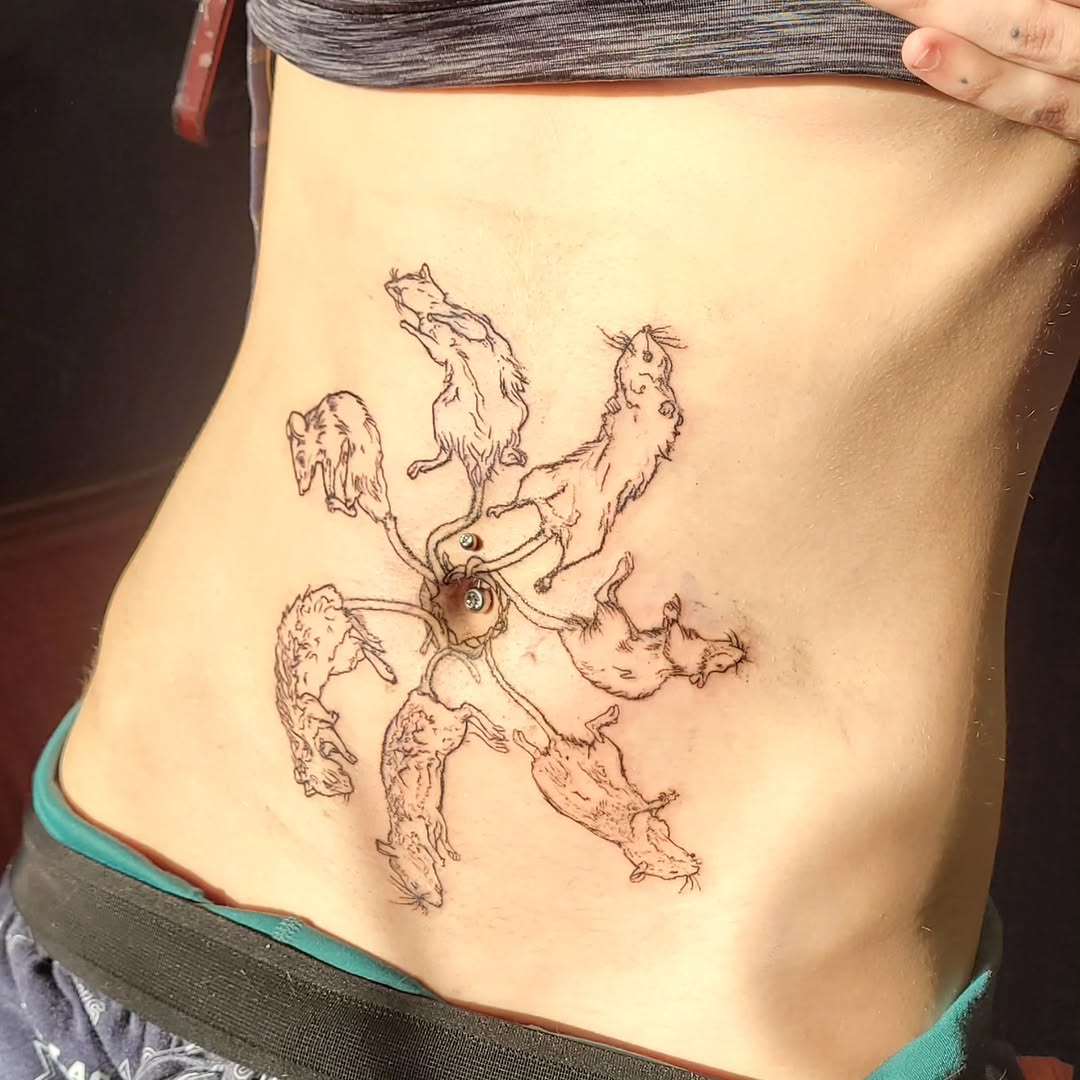 Seven rat-figures orbit a central orb in delicate linework.